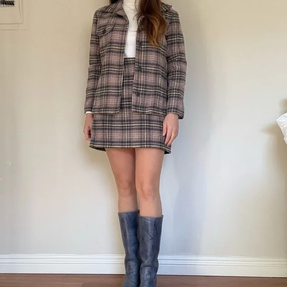 VINTAGE 90s OLD NAVY Lavender Purple Plaid Recycled Wool Jacket and Skirt - Picture 2 of 11